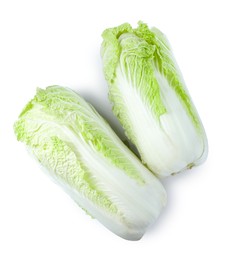 Photo of Two fresh Chinese cabbages isolated on white, top view