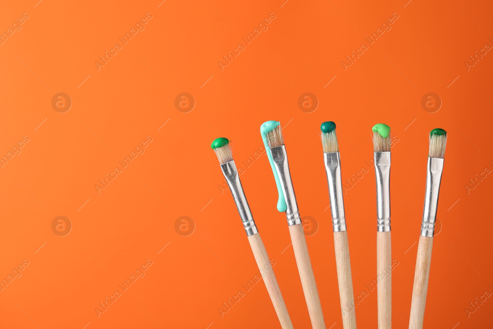 Many brushes with color paints on orange background, closeup. Space for text Photo of Many brushes with color paints on orange background, closeup. Space for text