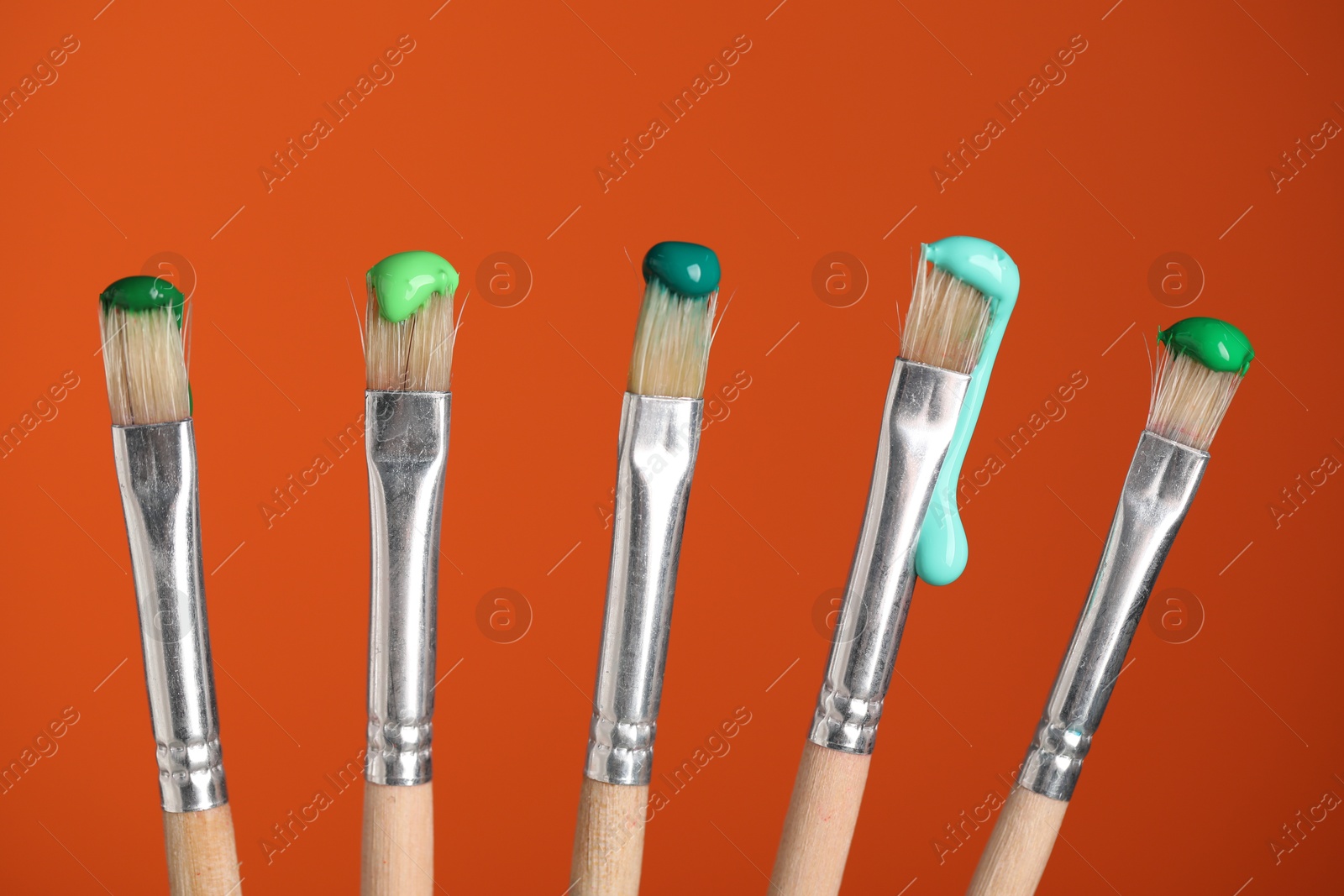Many brushes with color paints on orange background, closeup Photo of Many brushes with color paints on orange background, closeup
