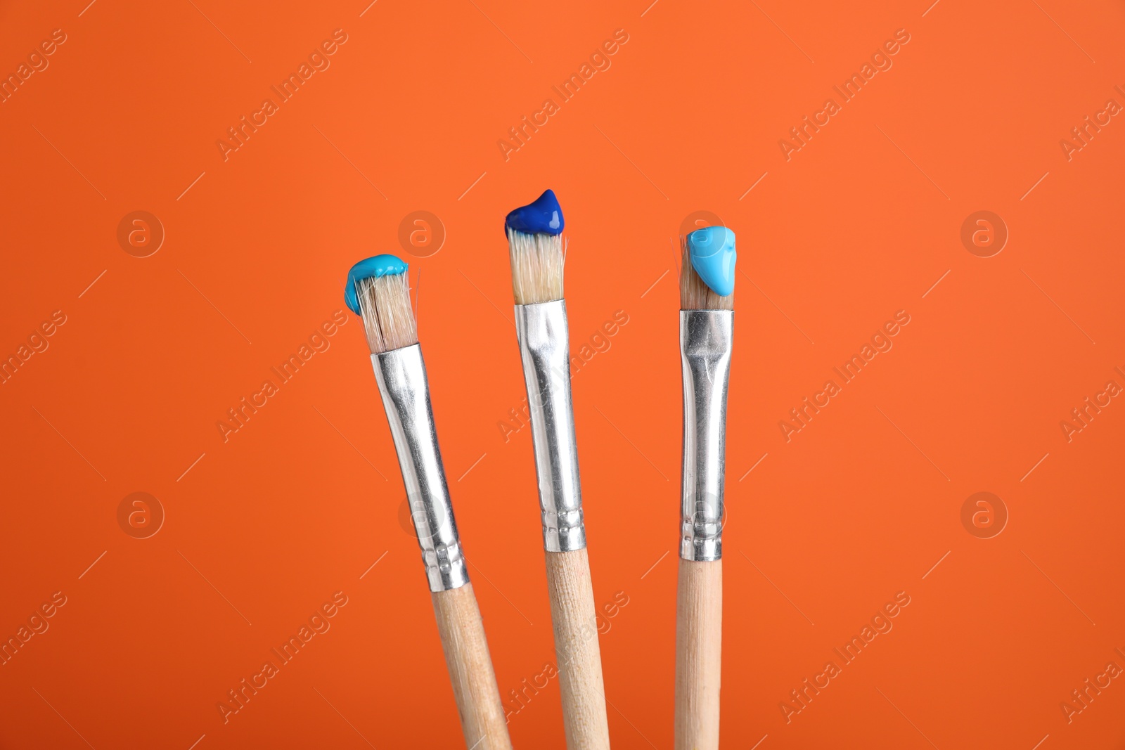 Three brushes with color paints on orange background, closeup Photo of Three brushes with color paints on orange background, closeup