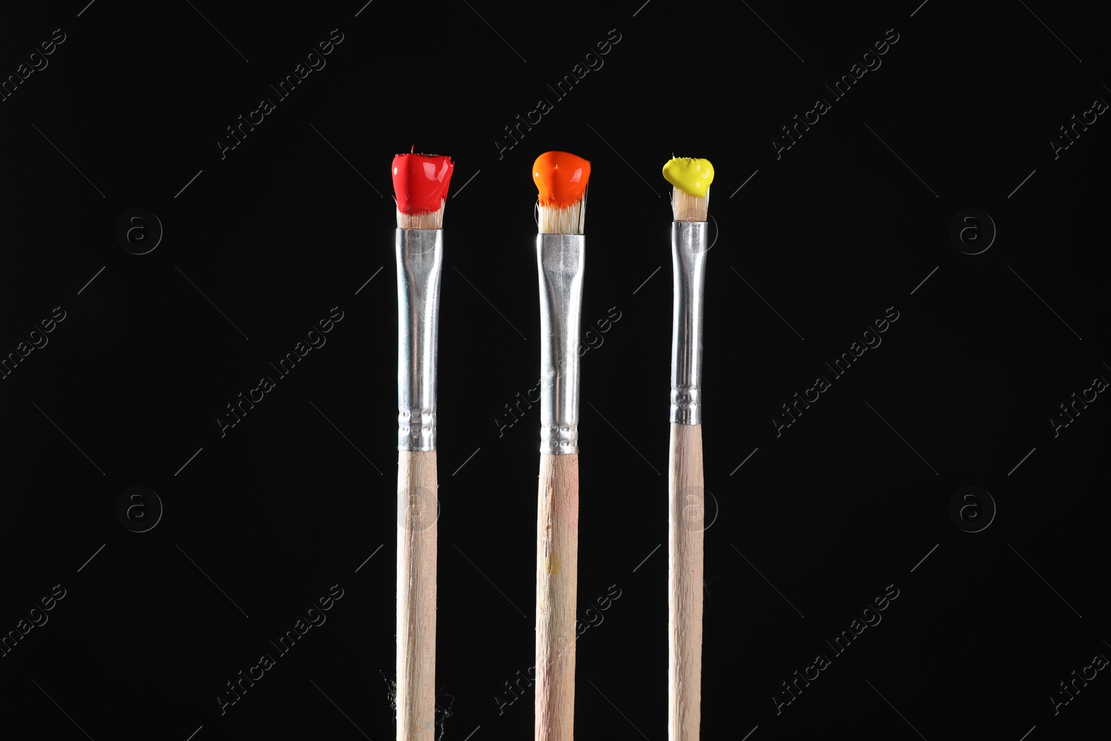 Three brushes with color paints on black background, closeup Photo of Three brushes with color paints on black background, closeup
