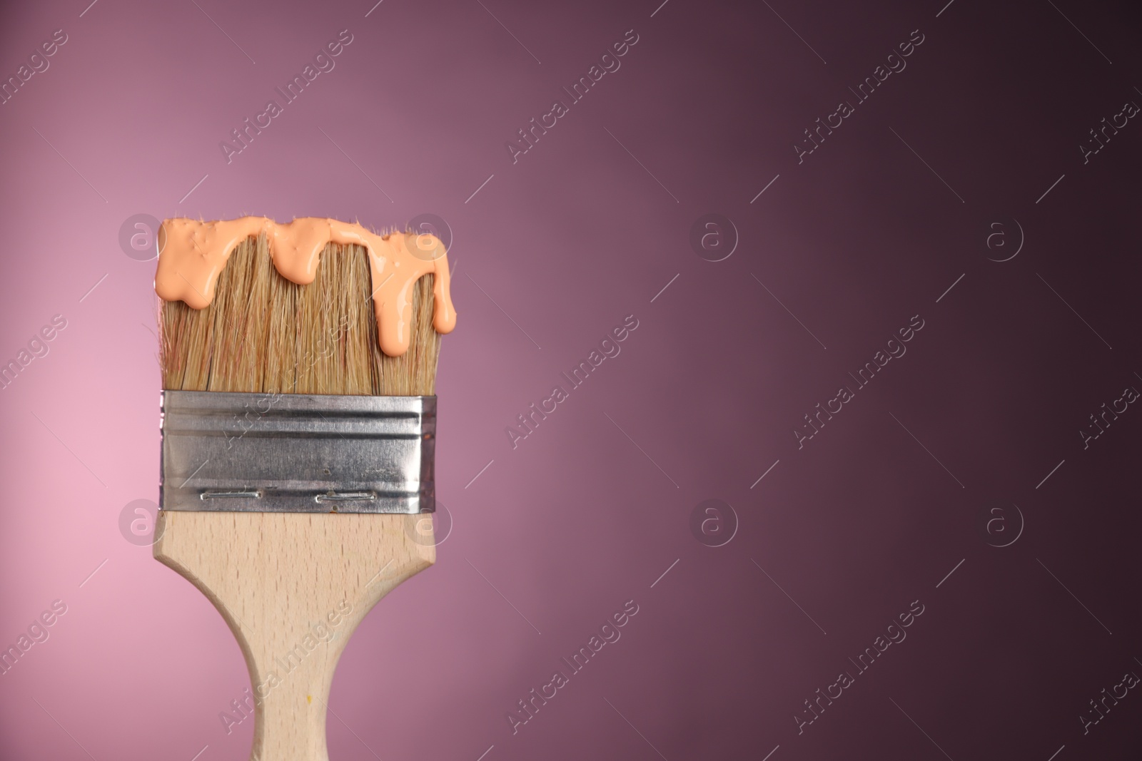 Brush with paint on pink background, closeup. Space for text Photo of Brush with paint on pink background, closeup. Space for text