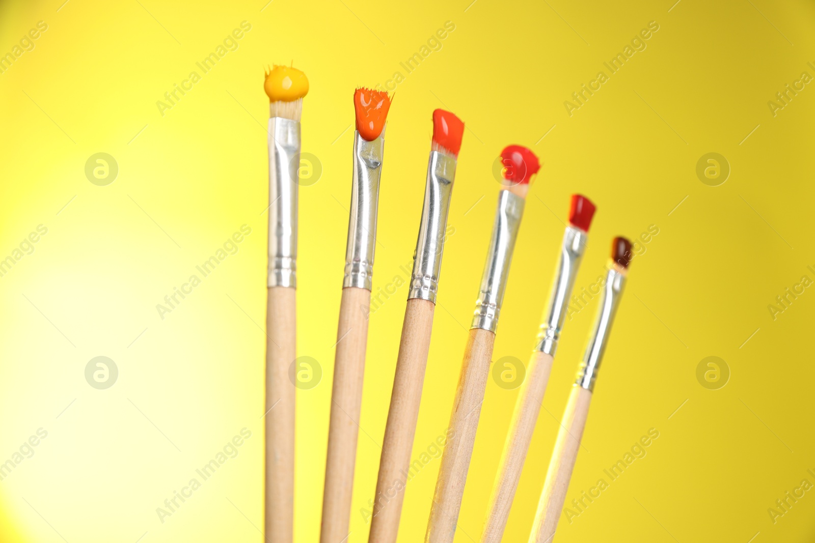 Many brushes with color paints on yellow background, closeup Photo of Many brushes with color paints on yellow background, closeup