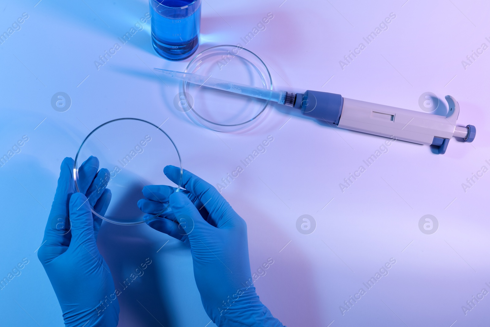 Photo of Scientist with Petri dish on light background, closeup