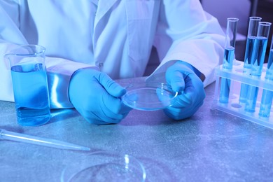 Photo of Scientist with Petri dish at table, closeup