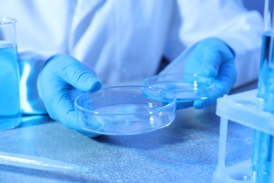 Photo of Scientist with Petri dishes at table, closeup