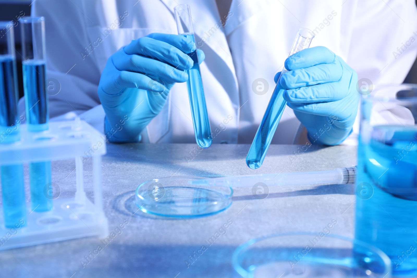 Scientist with test tubes and Petri dish at table, closeup Photo of Scientist with test tubes and Petri dish at table, closeup