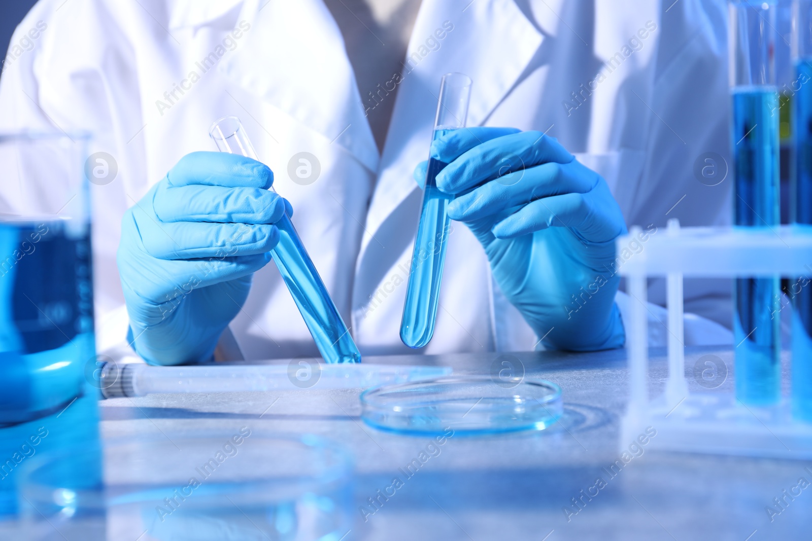 Scientist with test tubes and Petri dish at table, closeup Photo of Scientist with test tubes and Petri dish at table, closeup