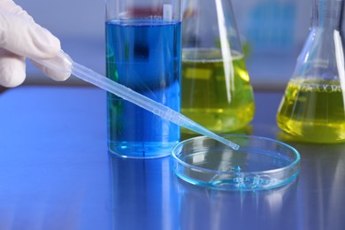 Photo of Scientist taking sample with pipette out of Petri dish at table in laboratory, closeup