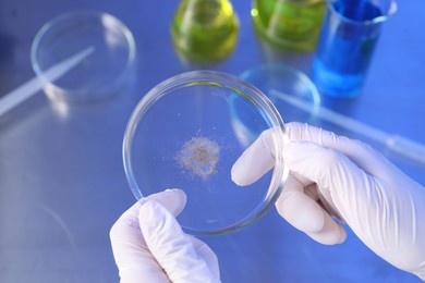 Photo of Scientist holding Petri dish with sample at table, closeup