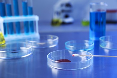 Photo of Petri dishes with samples on table, closeup
