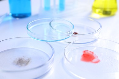 Photo of Petri dishes with samples on white background, closeup