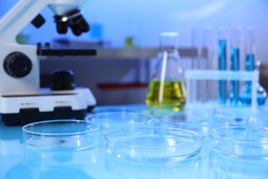 Photo of Petri dishes with samples on table in laboratory