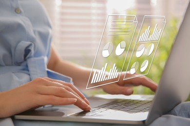 Image of Woman using laptop at table, closeup. Virtual screen with documents above computer