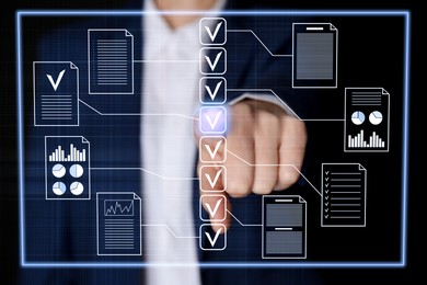 Image of Business woman approving documents on virtual screen against black background, closeup