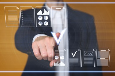 Image of Business woman approving documents on virtual screen against orange background, closeup