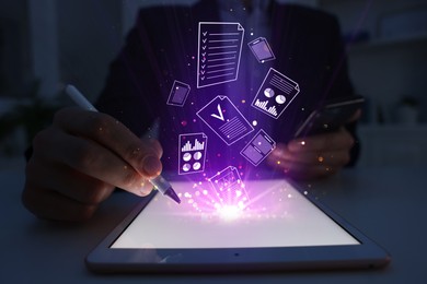 Image of Approved. Virtual documents flying out of tablet computer. Man using device at table, closeup