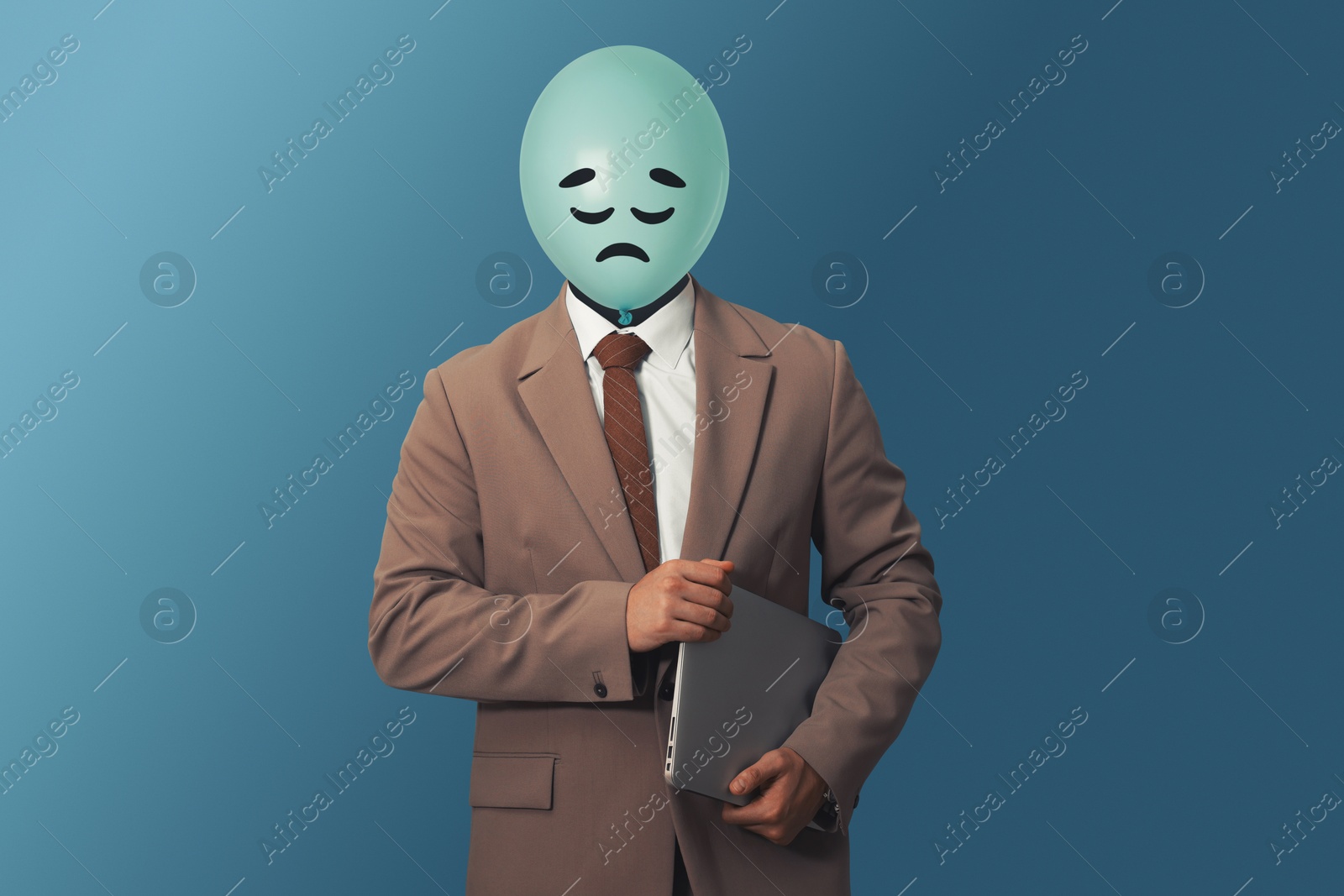 Balloon with sad face instead of man's head on blue background Image of Balloon with sad face instead of man's head on blue background