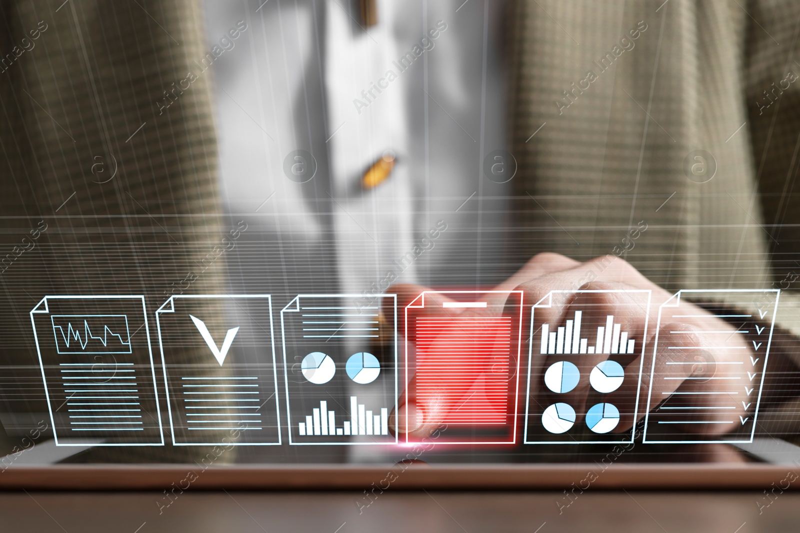 Woman working with documents on virtual screen above tablet computer at table, closeup. Approve or reject Image of Woman working with documents on virtual screen above tablet computer at table, closeup. Approve or reject