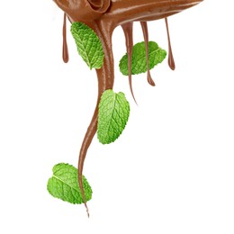 Image of Chocolate flows and mint leaves on white background