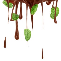 Image of Chocolate flows and mint leaves on white background