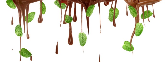 Image of Chocolate flows and mint leaves on white background, set