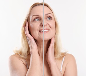 Image of Senior woman showing face before and after collagen consumption on white background. Collage of photos comparing skin condition