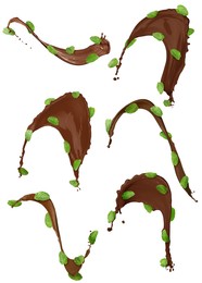 Image of Chocolate splashes and mint leaves in air on white background, set