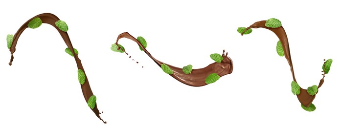 Image of Chocolate splashes and mint leaves in air on white background, set