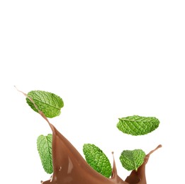 Image of Chocolate splash and mint leaves on white background
