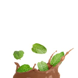 Image of Chocolate splash and mint leaves on white background