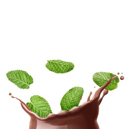 Image of Chocolate splash and mint leaves on white background