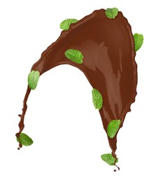 Image of Chocolate splash and mint leaves in air on white background