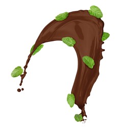 Image of Chocolate splash and mint leaves in air on white background