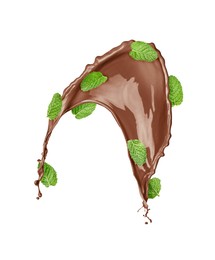 Image of Chocolate splash and mint leaves in air on white background