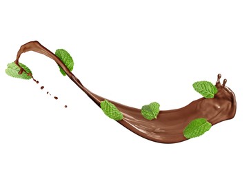 Image of Chocolate splash and mint leaves in air on white background
