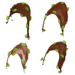 Image of Chocolate splashes and mint leaves in air on white background, set