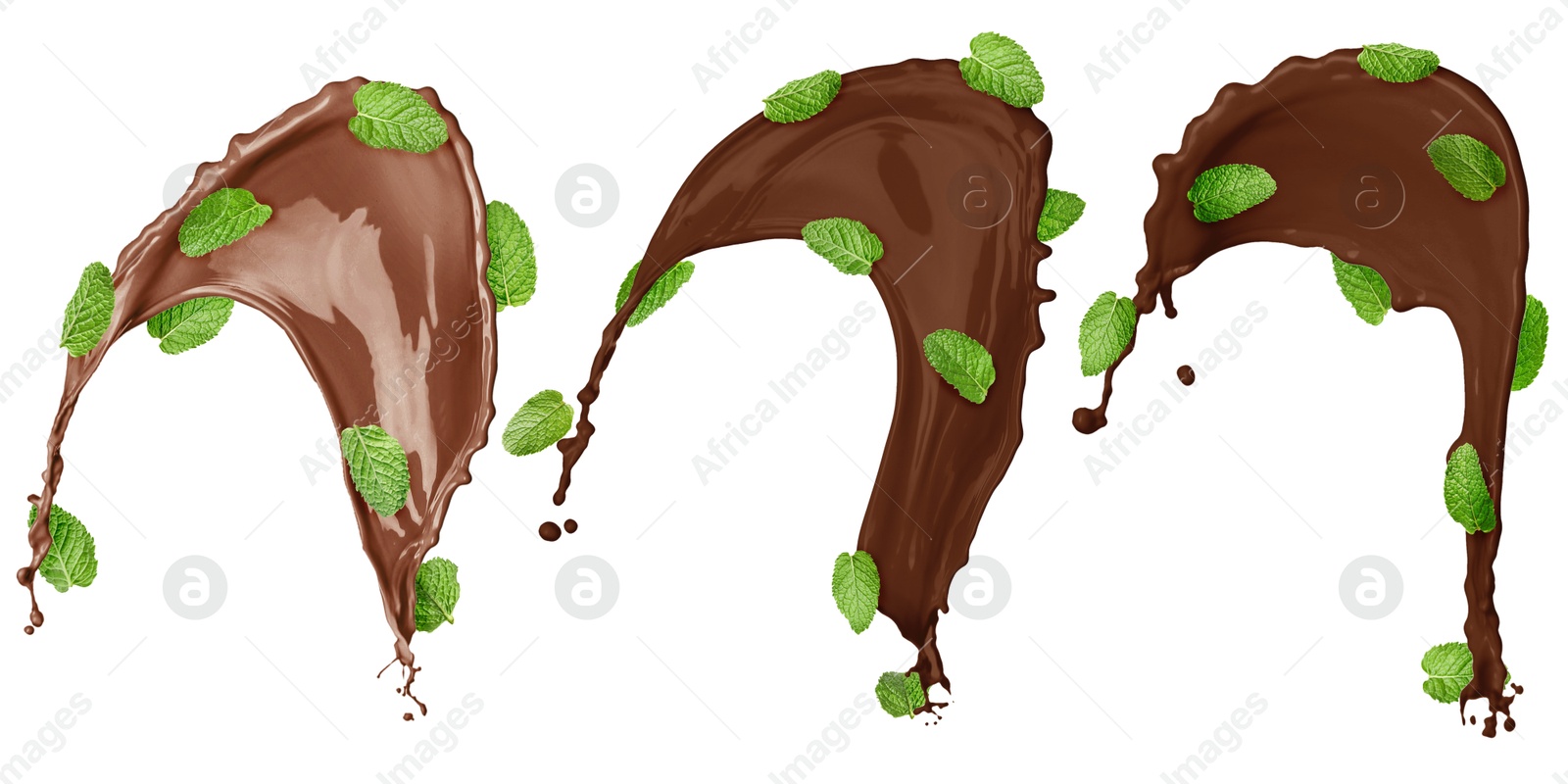 Chocolate splashes and mint leaves in air on white background, set Image of Chocolate splashes and mint leaves in air on white background, set