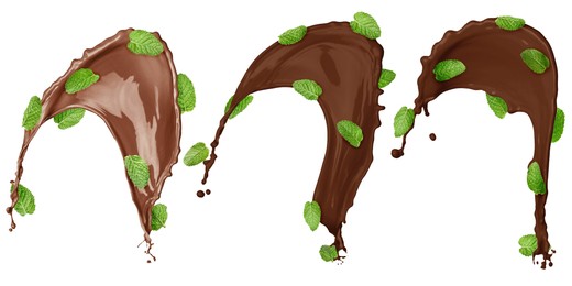Image of Chocolate splashes and mint leaves in air on white background, set