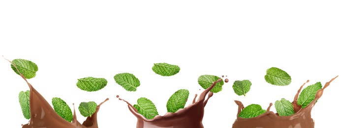 Image of Chocolate splashes and mint leaves on white background, set