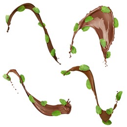 Image of Chocolate splashes and mint leaves in air on white background, set