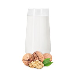 Image of Nut milk in glass and walnuts isolated on white