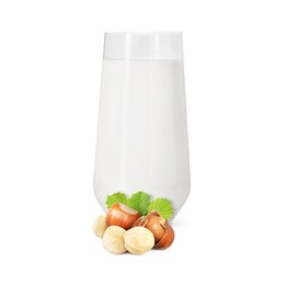 Image of Nut milk in glass and hazelnuts isolated on white