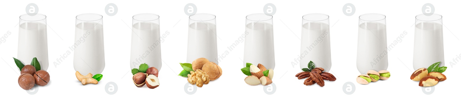 Different types of nut milk in glasses isolated on white, set Image of Different types of nut milk in glasses isolated on white, set