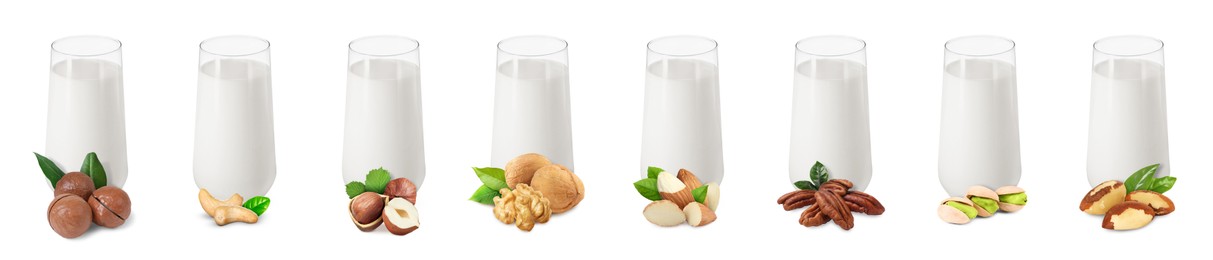 Image of Different types of nut milk in glasses isolated on white, set