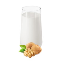 Image of Nut milk in glass and walnuts isolated on white