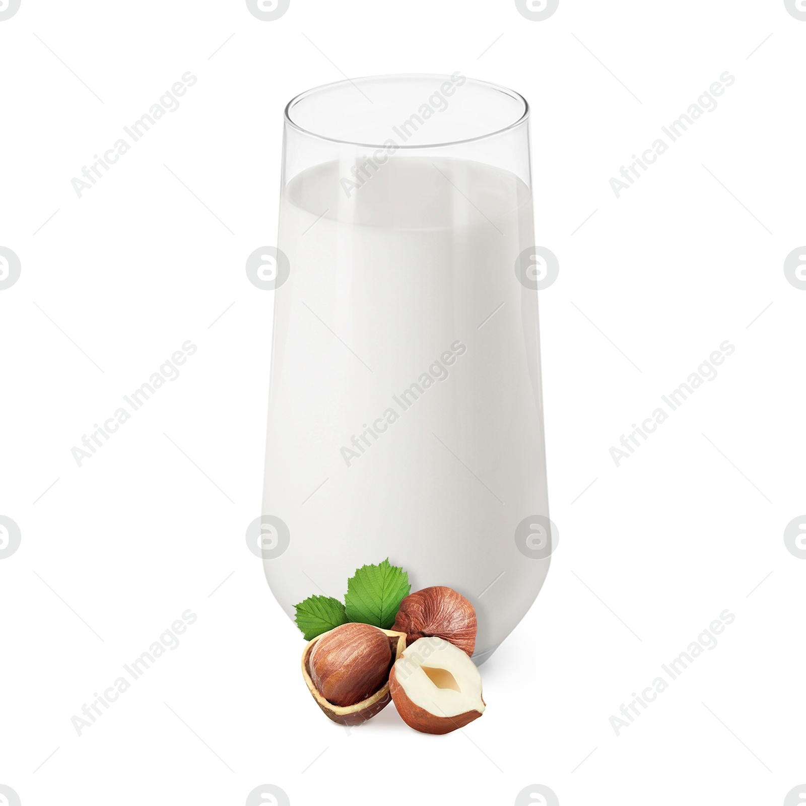 Nut milk in glass and hazelnuts isolated on white Image of Nut milk in glass and hazelnuts isolated on white