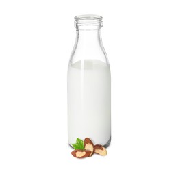 Image of Nut milk in glass bottle and Brazil nuts isolated on white