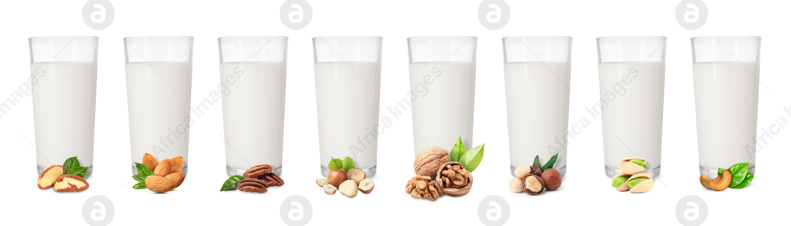 Different types of nut milk in glasses isolated on white, set Image of Different types of nut milk in glasses isolated on white, set
