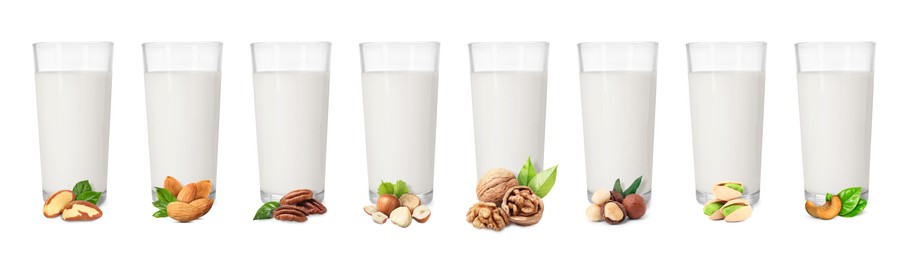Image of Different types of nut milk in glasses isolated on white, set
